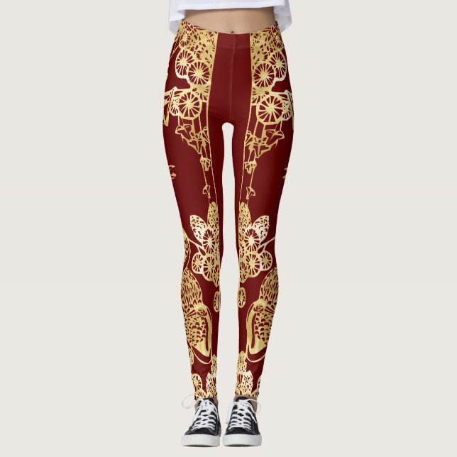 Leggings Grúa de oro china sobre rojo (Anverso)
