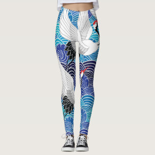 Leggings Grúa japonesa: Patrón de pájaro ordenado.