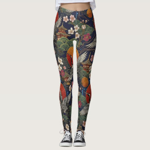 Leggings Grúas japonesas y sakura sin costuras Cyberpunk