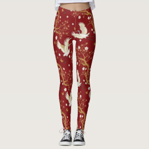 Leggings Grulla coronada roja patrón Sakura (1)