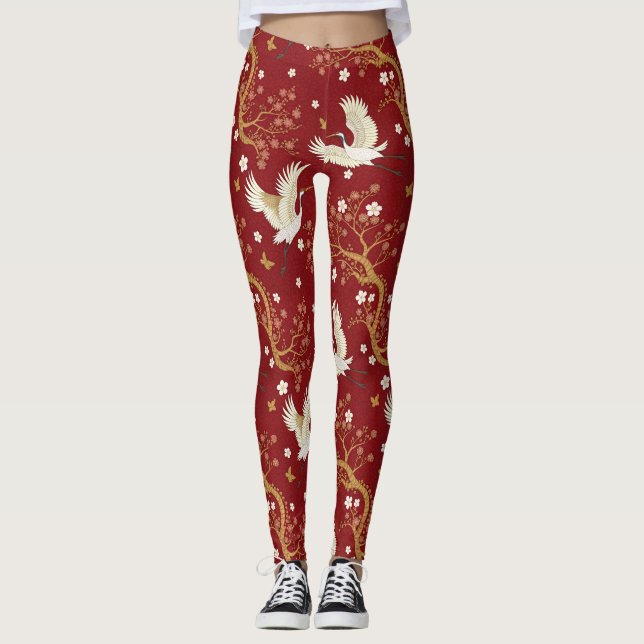 Leggings Grulla coronada roja patrón Sakura (1) (Anverso)