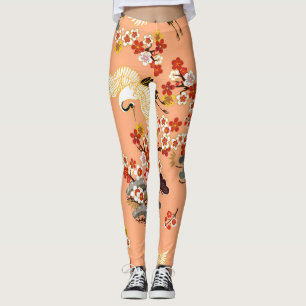 Leggings Grullas, sakura, coloridas, florales, cantaloupe.