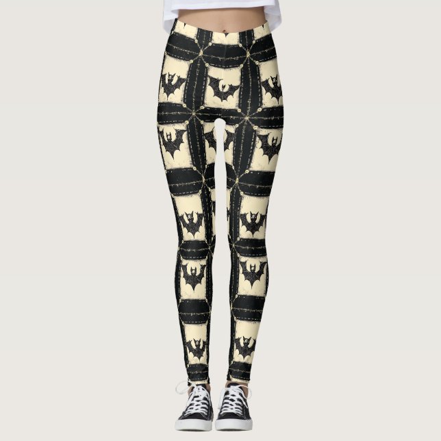Leggings Grunge Denim Halloween Patchwork con murciélagos (Anverso)