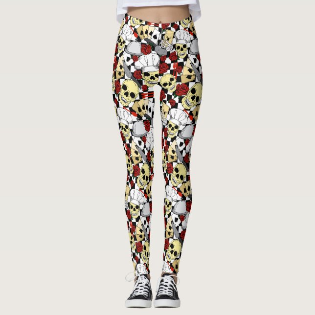 Leggings Guay Chef Skull Red Roses Black White Checkerboard (Anverso)