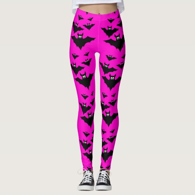 Leggings Guay lindo Bates voladores Halloween Negro rosa ca (Anverso)