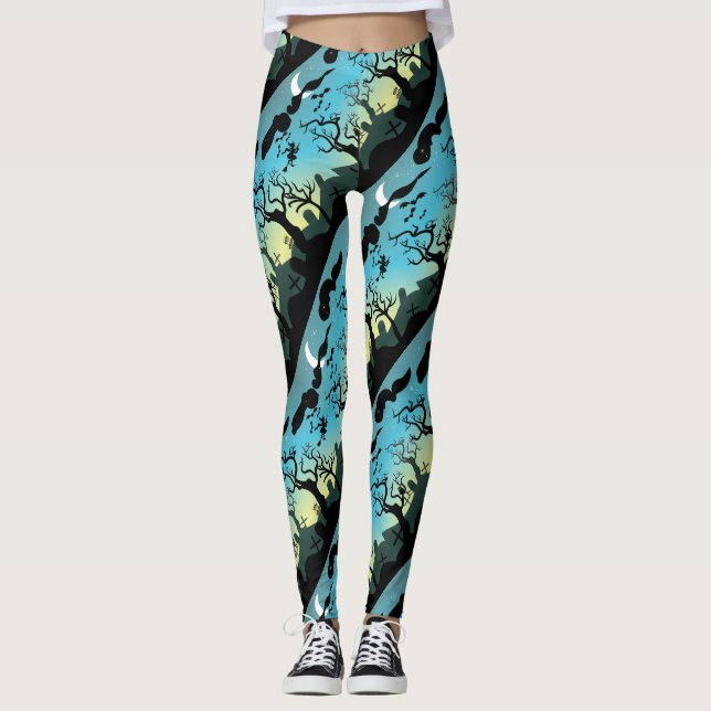 Leggings Halloween cementerio paisaje de agua morada y amar (Anverso)