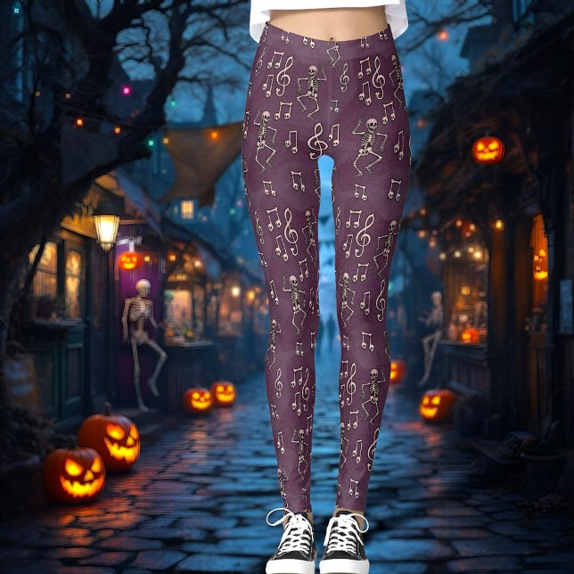 Leggings Halloween Dancing Skeleton Music Notes (Spooky skeleton dance leggings with vintage music notes on a rich purple background.)