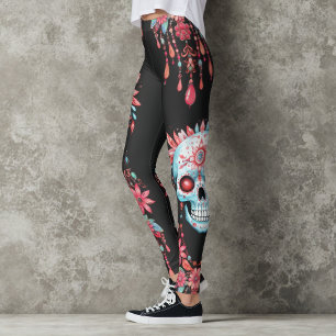 Leggings Halloween de la unica acuarela Floral de la Cráneo