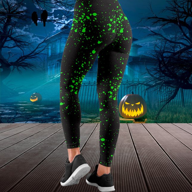 Leggings Halloween de Oze tóxico negro y verde salpicado (Black & Green Splatter Ooze Halloween Leggings)