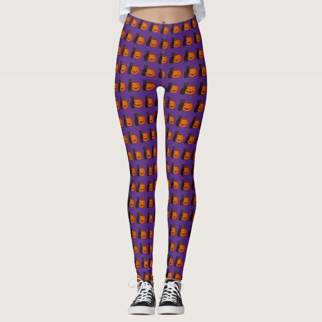 Leggings Halloween del gato negro y calabaza (Anverso)