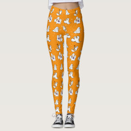 Leggings Halloween lindos fantasmas sobre el fondo naranja