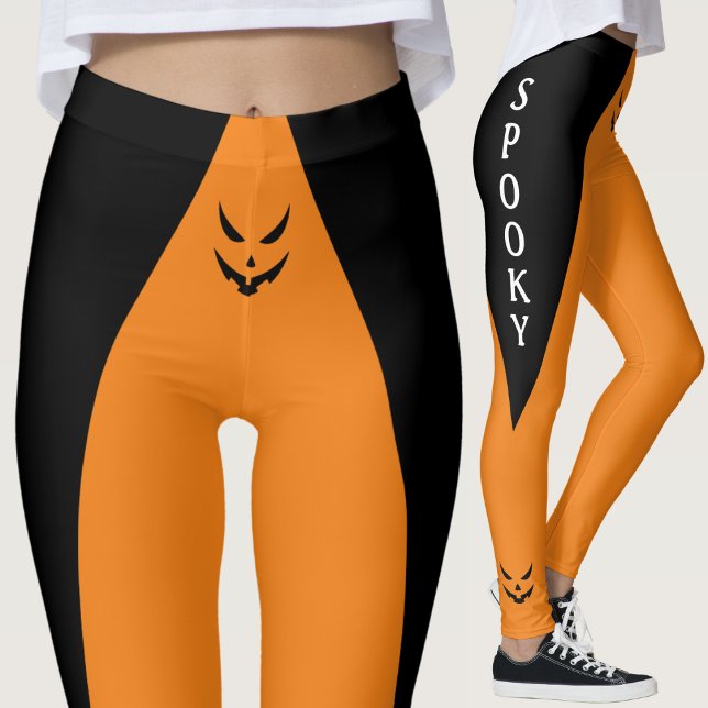 Leggings Halloween Naranja de calabaza de Jack O Lantern (black and orange spooky jack o lantern face Halloween leggings)