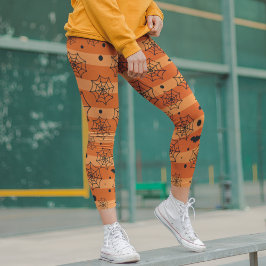 Leggings Halloween Naranja moderno Black Bat Spider Web