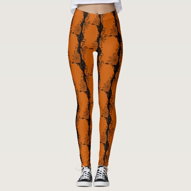 Leggings Halloween negro de Spiderweb Ornament Naranja (Anverso)