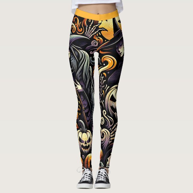 Leggings Halloween: Noche espeluznante de brujas y calabaza (Anverso)