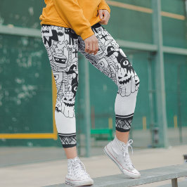 Leggings Halloween Scary Monster Doodle Black White Modern