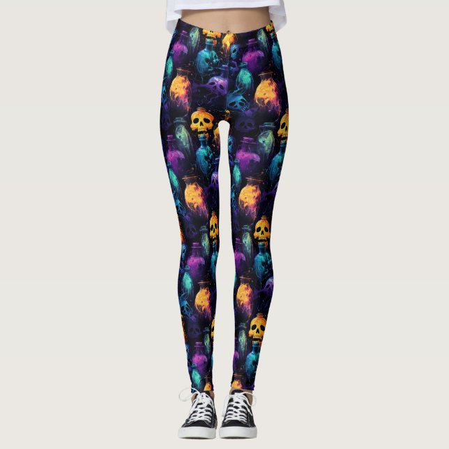 Leggings Halloween Scary Skull Naranja Purple Blue Glow (Anverso)
