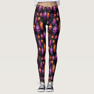 Leggings Halloween Scary Skulls Naranja púrpura poción