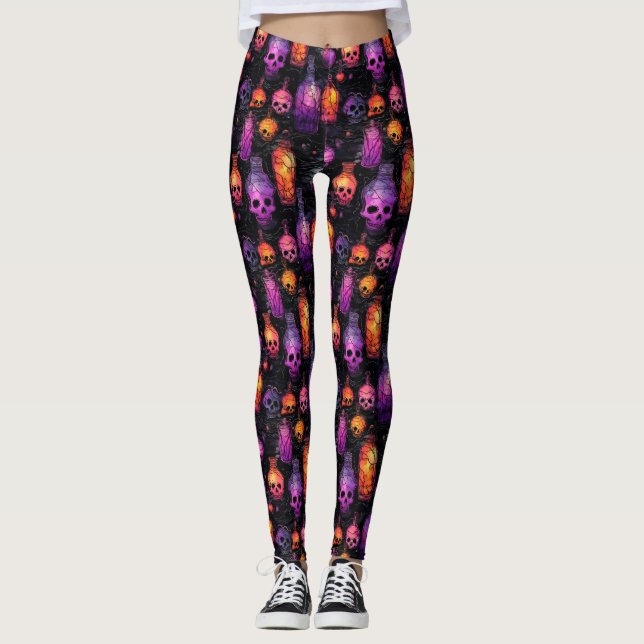Leggings Halloween Scary Skulls Naranja púrpura poción (Anverso)