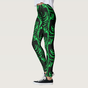 Leggings Halloween Skeleton Spooky Doodle Pattern Neón