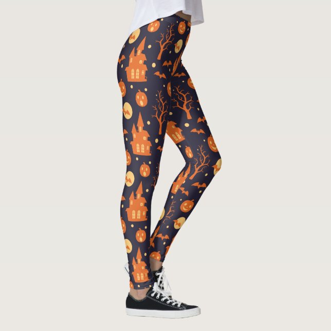 Leggings Halloween Spooky House Bats Trees Festividad de ca (Derecha)