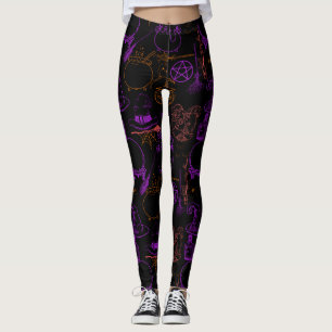 Leggings Halloween Witchcraft Pattern Neon 01 Black BG