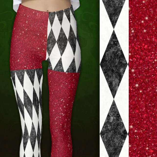 Leggings Harlequin rojo blanco negro clásico Diamond Argyle (Close up)