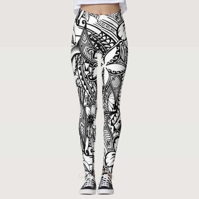 Leggings Hawai blanco y negro - Impresión tribal polinesia (Anverso)
