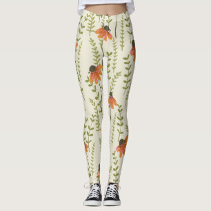 Leggings helechos verdes, flores naranjas, naturaleza.