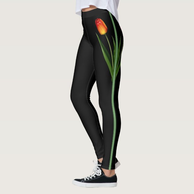 Leggings Hermosa flor de tulipán sobre negro (Izquierda)