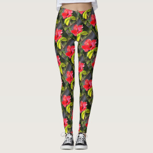 Leggings Hermosa Flor Tropical Roja Artística Hibiscus