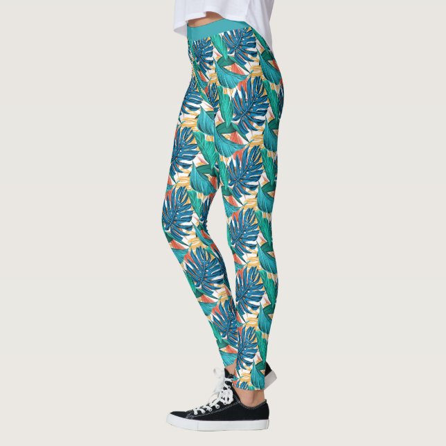 Leggings Hermosa floral azul Verde azulada deja plantacione (Izquierda)