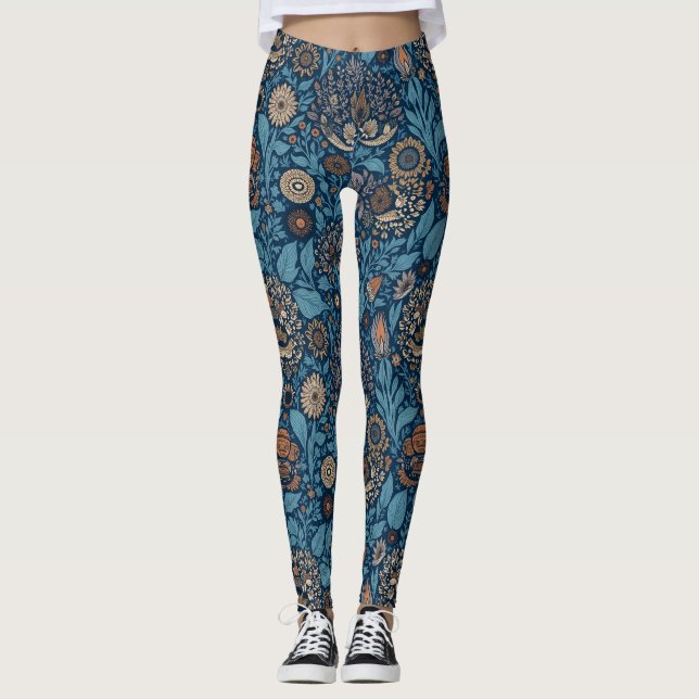 Leggings Hermosa floral en azul y beige (Anverso)