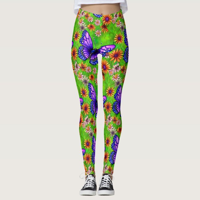 Leggings Hermosa pradera de mariposa morada (Anverso)