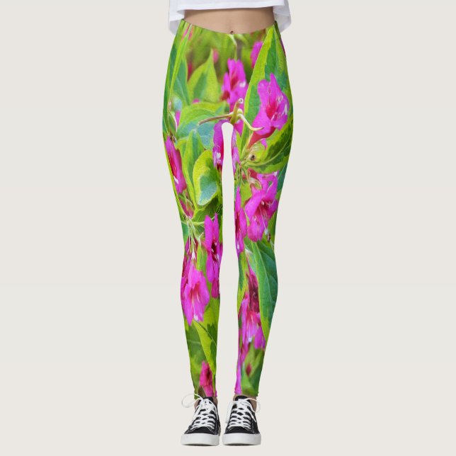 Leggings Hermosa Weigela verde con flores de Crimson (Anverso)