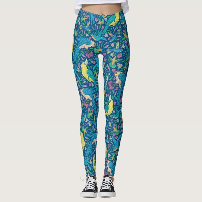 Leggings Hermosas aves y flores tropicales de colores (Anverso)