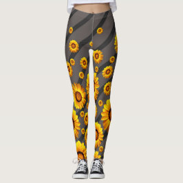 Leggings Hermosas flores amarillas sobre rayas grises y neg