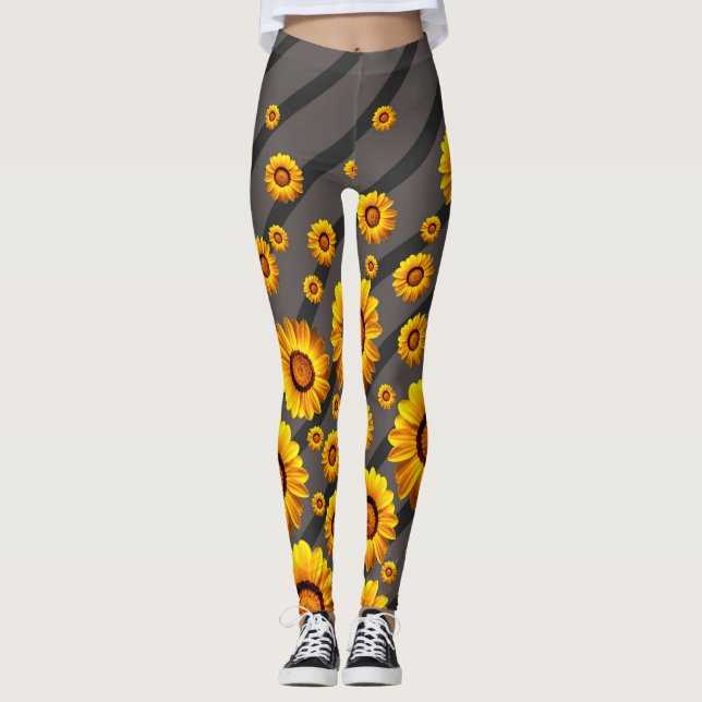 Leggings Hermosas flores amarillas sobre rayas grises y neg (Anverso)