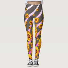 Leggings Hermosas flores amarillas sobre rayas grises y ros