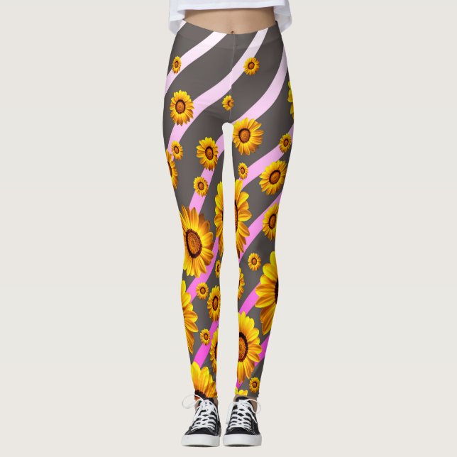 Leggings Hermosas flores amarillas sobre rayas grises y ros (Anverso)