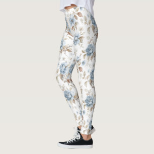 Leggings Hermosas Flores Azules Crema Marrón Claro Marrón