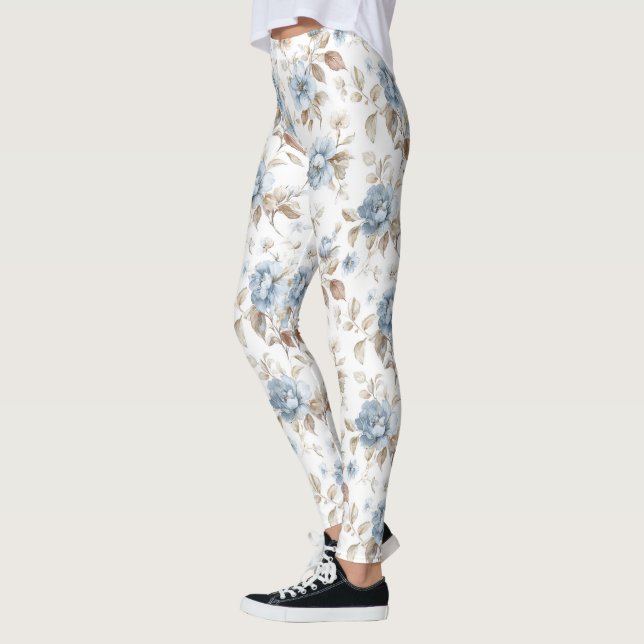 Leggings Hermosas Flores Azules Crema Marrón Claro Marrón (Izquierda)