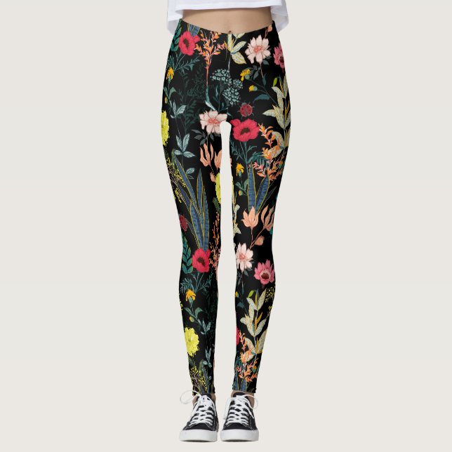 Leggings Hermosas flores coloridas y plantas botánicas (Anverso)