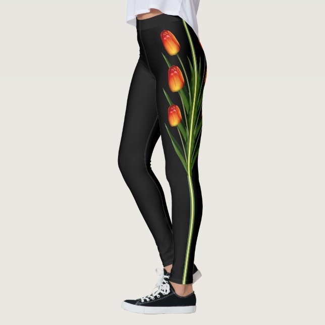 Leggings Hermosas flores de tulipán sobre negro (Izquierda)