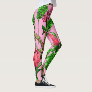 Leggings Hermosas Hojas Verdes Tropicales con Flores Rojas