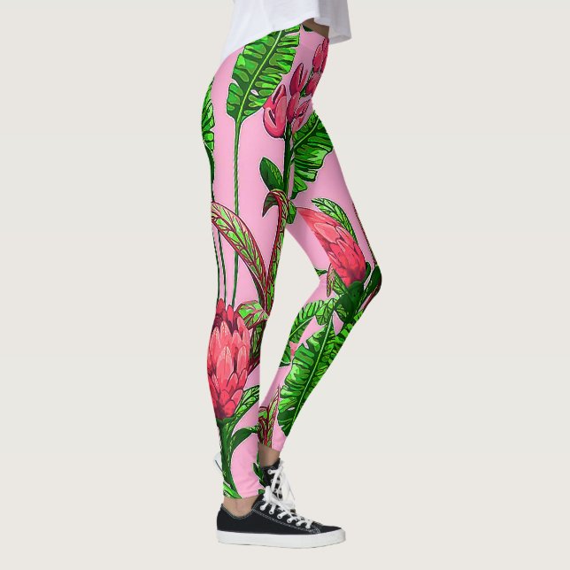 Leggings Hermosas hojas verdes tropicales con flores rojas  (Derecha)