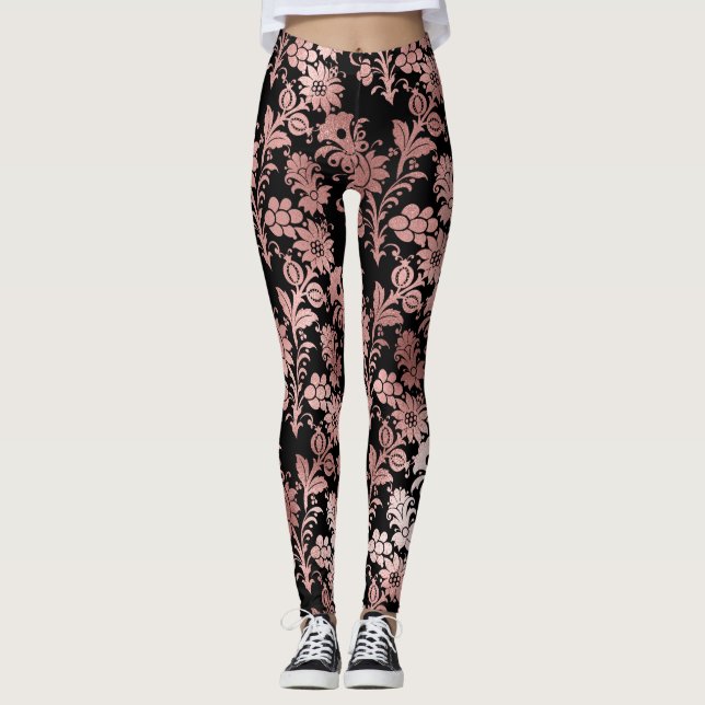 Leggings Hermoso damasco floral rosa negro (Anverso)