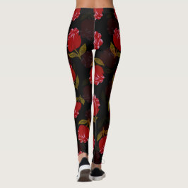 Leggings Hermoso patrón de bordado de rosas traslúcidos roj
