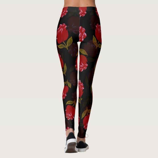 Leggings Hermoso patrón de bordado de rosas traslúcidos roj (Reverso)