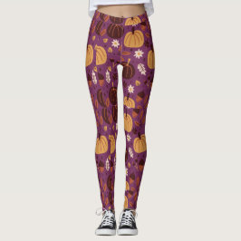 Leggings Hermoso patrón de calabaza morado y Naranja